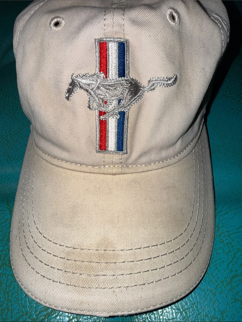 Distressed worn embroidered Mustang Velcro back cap hat